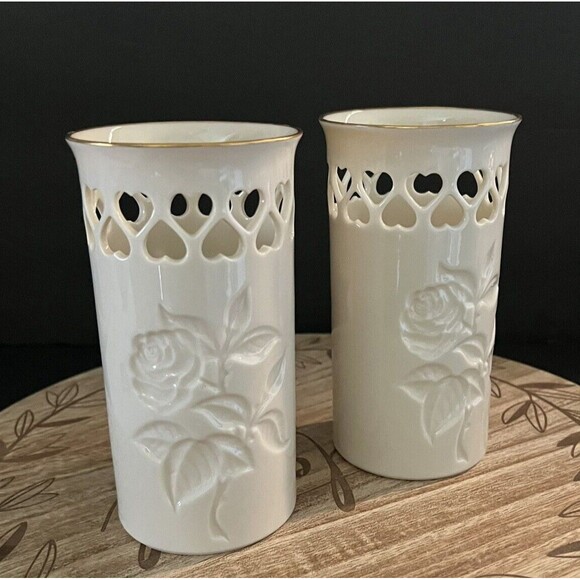 Lenox Special Collection Rose Floral Pierced Hearts 6" Vase Gold Trim Lot of 2 - Picture 3 of 9